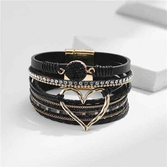 Leopard Bracelet for Women, Boho Leather Wrap Multi-Layer Pearl Crystal Bracelet - Picture 4 of 7